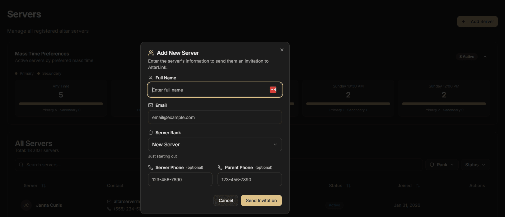 Add New Server - Server invitation modal with rank selection