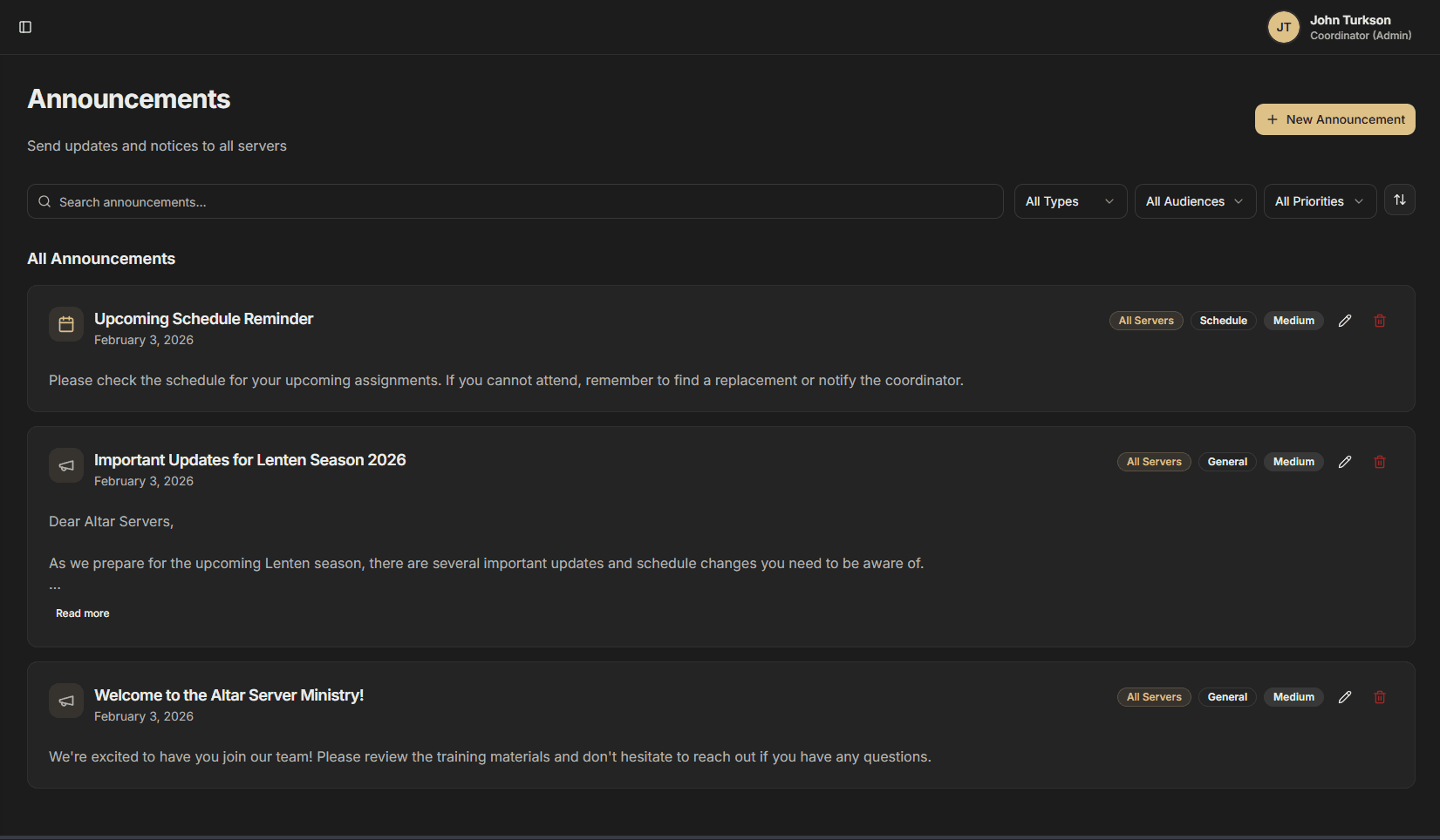 Announcements - Bulletin board with filtering by type and priority