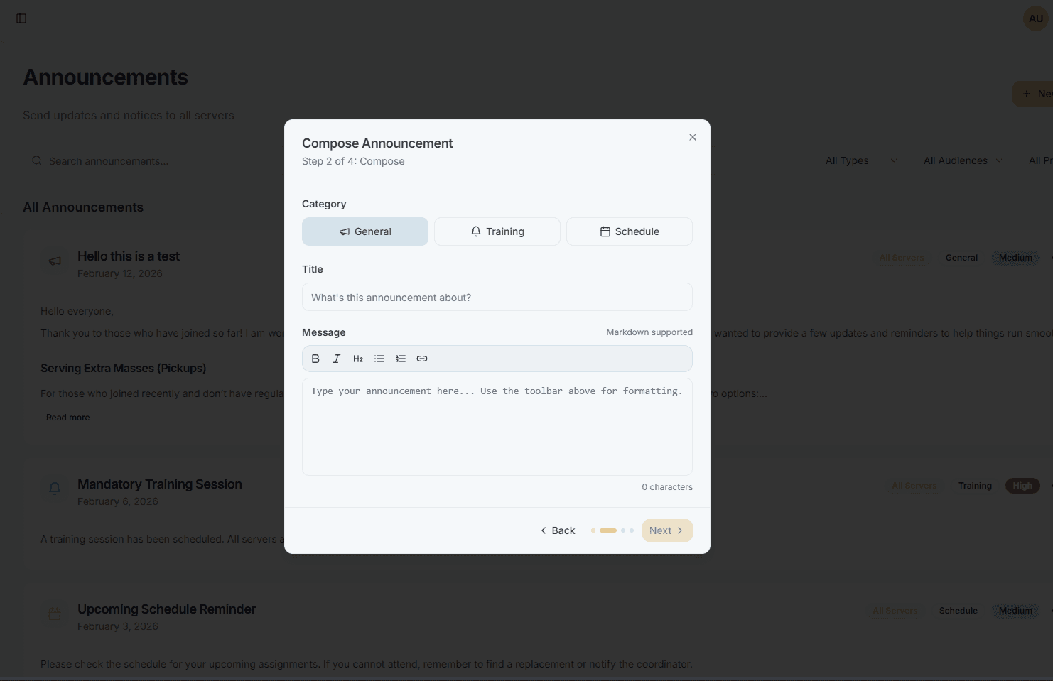 Compose Announcement - Create announcements with templates and push notifications