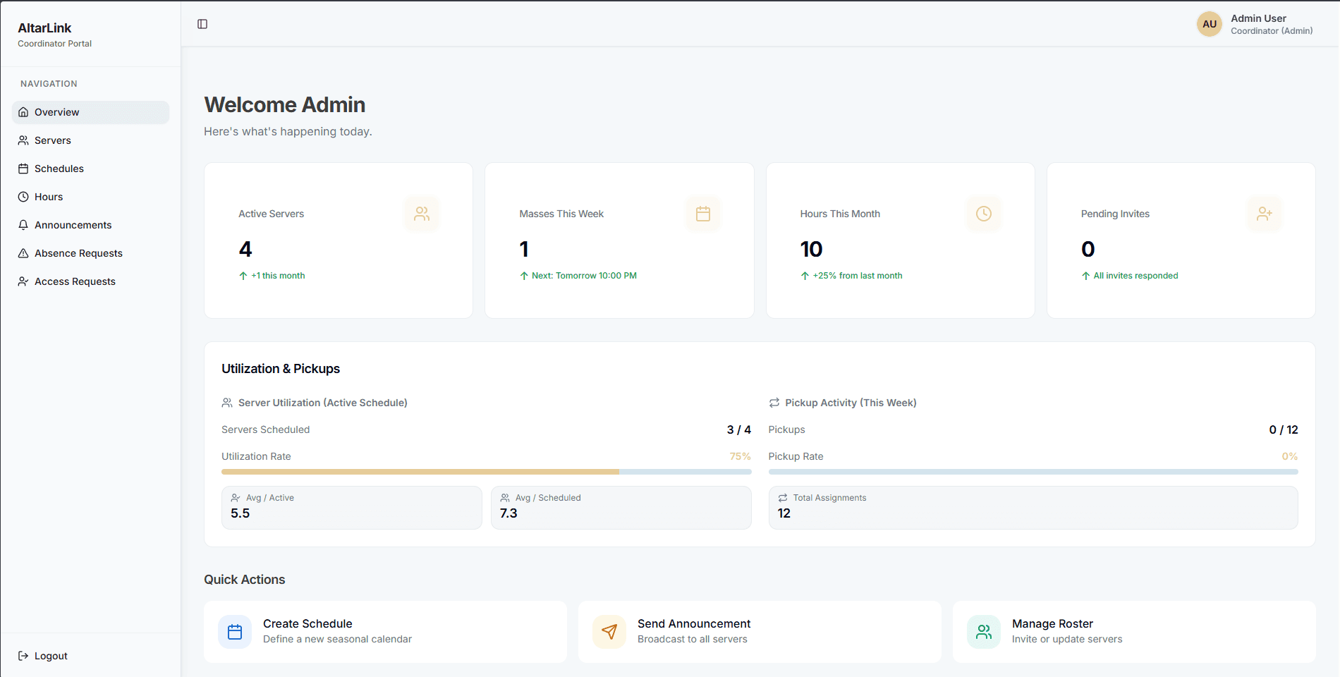 Coordinator Dashboard (Light) - Admin overview with KPIs, utilization metrics, and quick actions