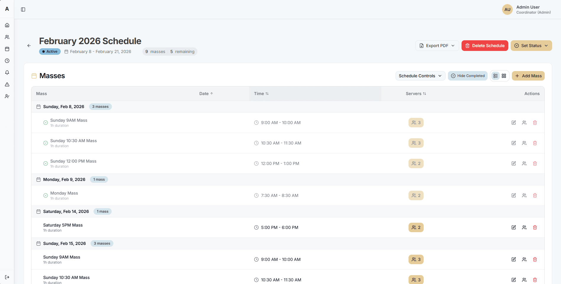 Schedule Detail - Mass list grouped by date with time slots and server counts