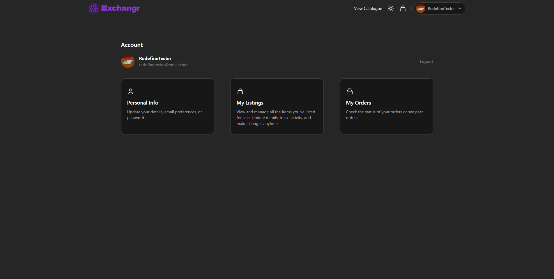 User Dashboard - Overview of active listings, purchase history, and account status